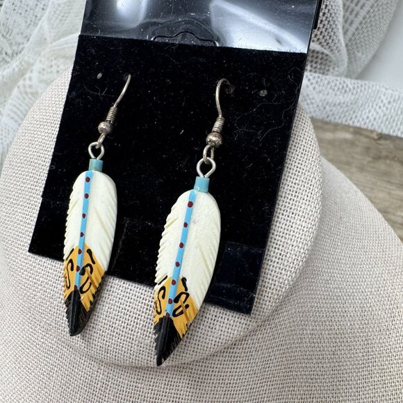 Handcrafted Feather Dangle Earrings With Tribal Design Pierced French Hooks - Picture 2 of 4